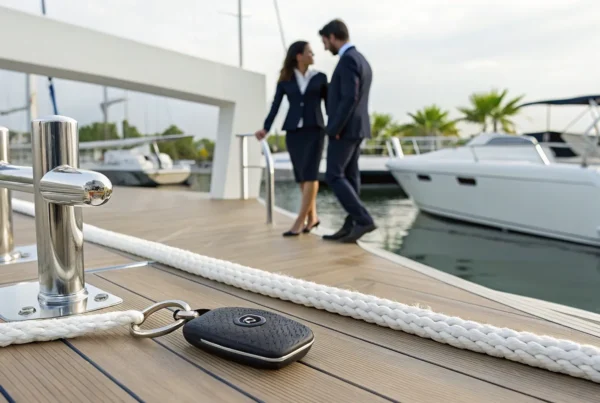 A boat rental membership key on a dock with boats in a marina.