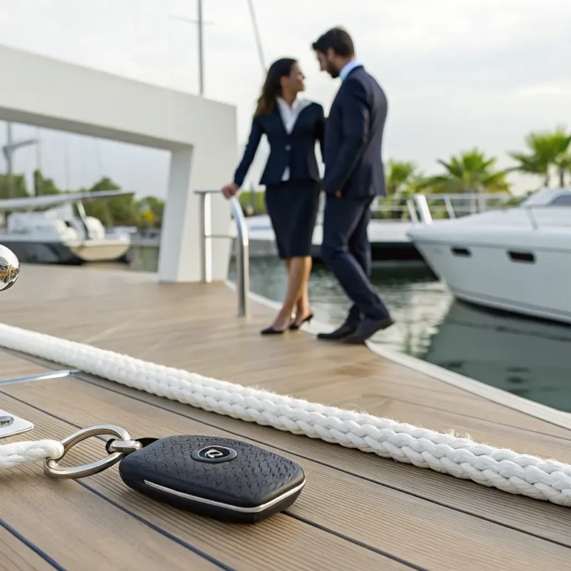 A boat rental membership key on a dock with boats in a marina.