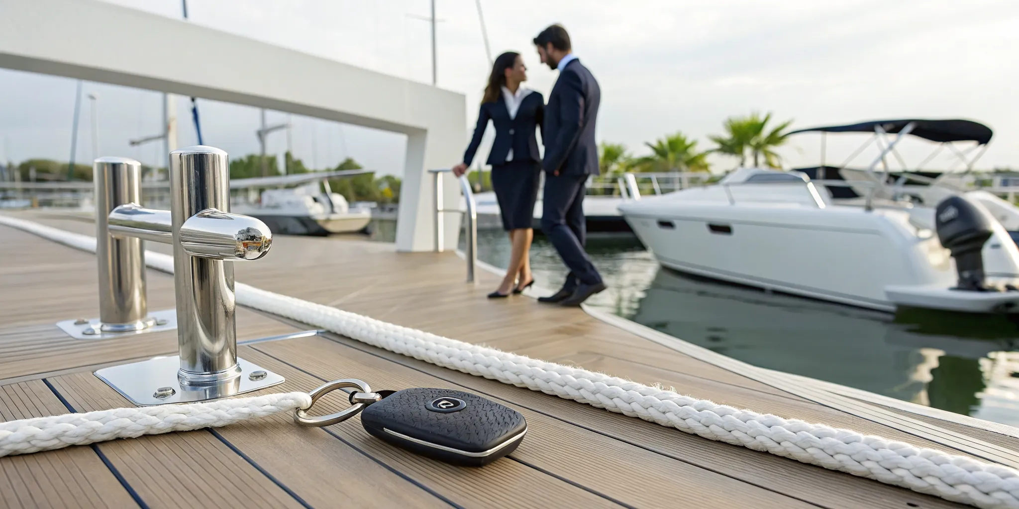A boat rental membership key on a dock with boats in a marina.