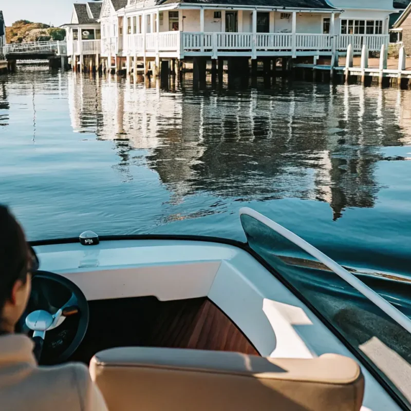 Person confidently driving a small motorboat on a calm Massachusetts harbor on a sunny day