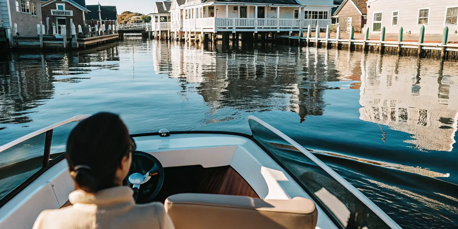 Person confidently driving a small motorboat on a calm Massachusetts harbor on a sunny day