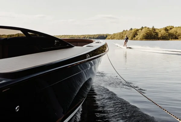 Sleek ski boat towing a waterskier on a calm New England lake on a summer day