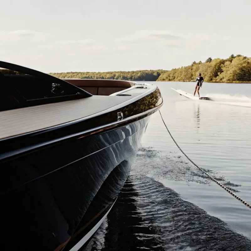 Sleek ski boat towing a waterskier on a calm New England lake on a summer day