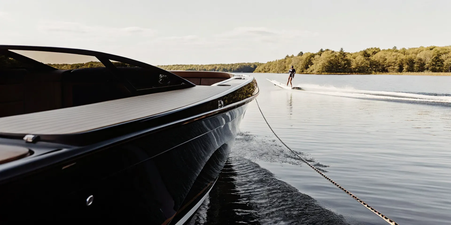 Sleek ski boat towing a waterskier on a calm New England lake on a summer day