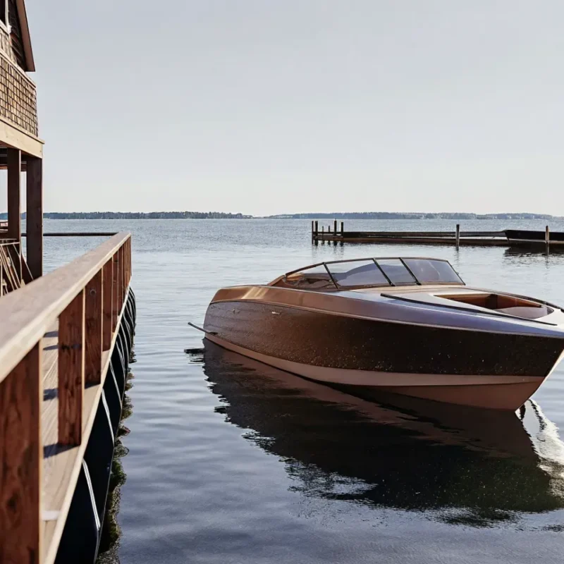 Modern speed boat powering across New England harbor waters on a sunny day