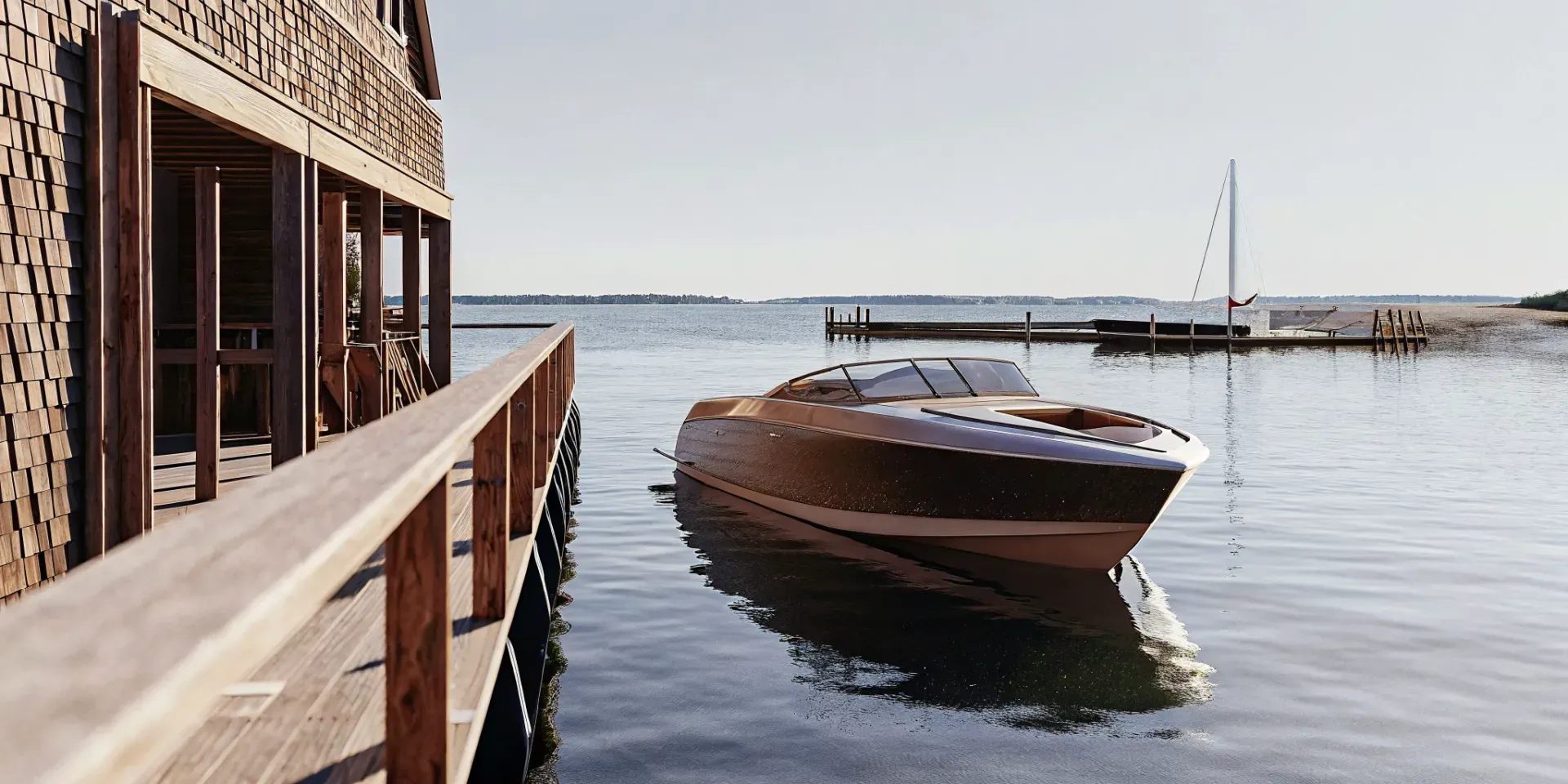 Modern speed boat powering across New England harbor waters on a sunny day