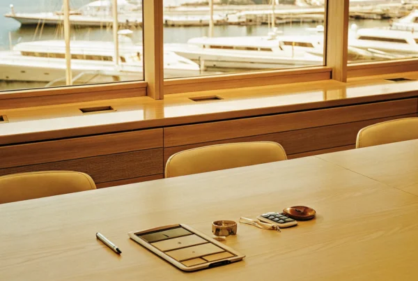 Calculating how much a boat club membership is at a desk with a marina view.