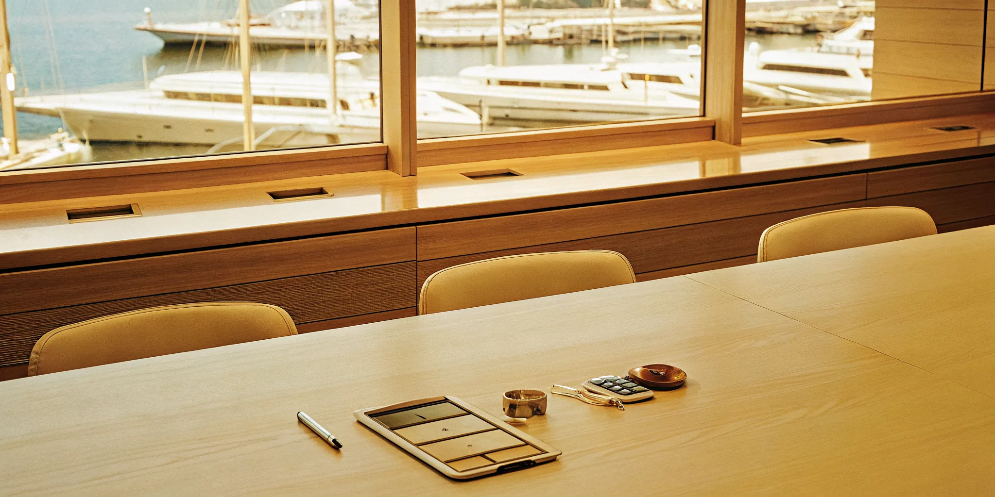 Calculating how much a boat club membership is at a desk with a marina view.