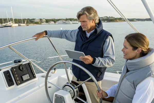 Couple confidently steering a boat after completing their MA boating course.