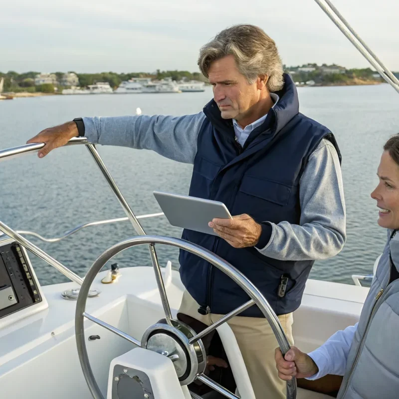 Couple confidently steering a boat after completing their MA boating course.