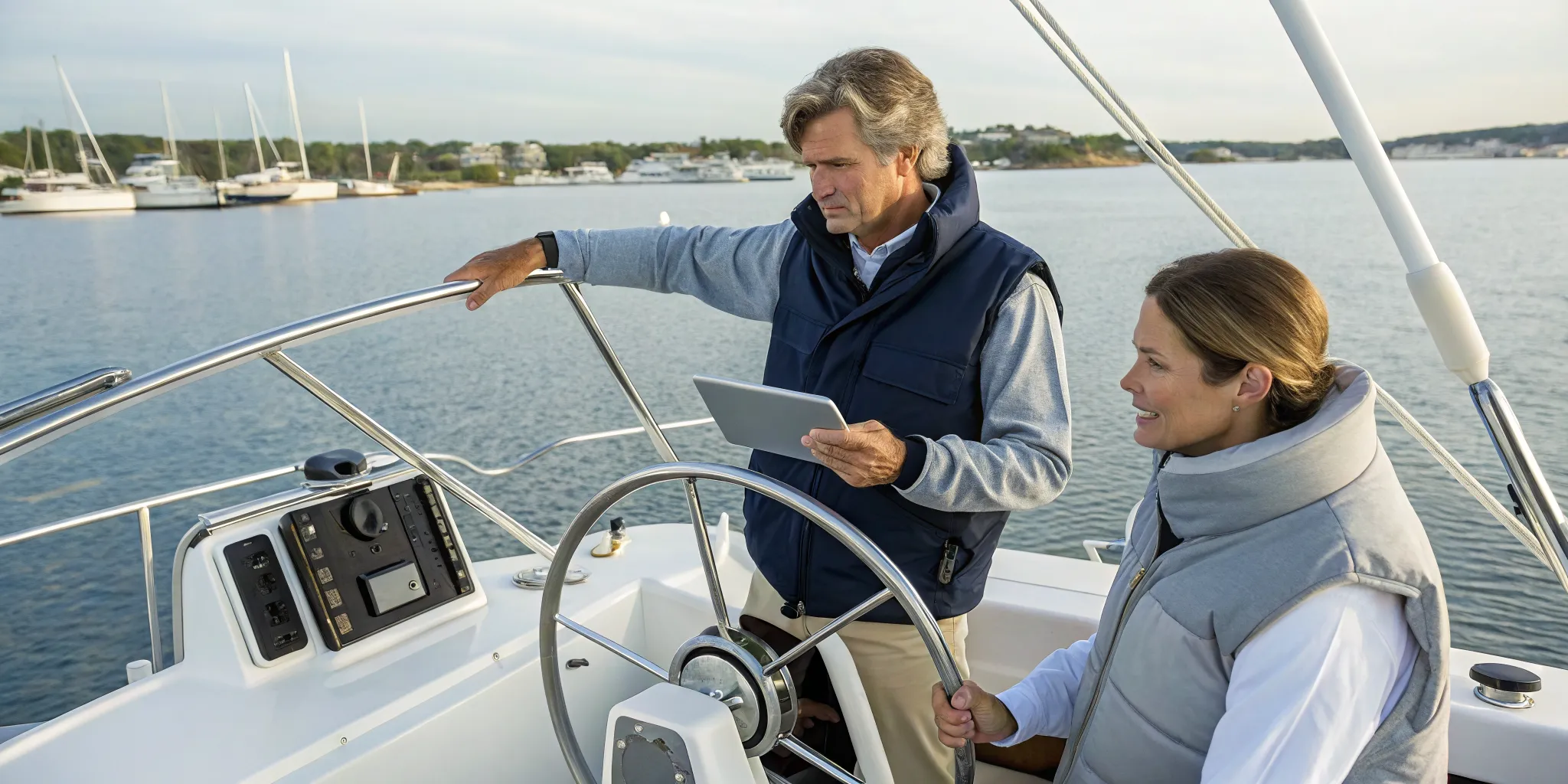 Couple confidently steering a boat after completing their MA boating course.