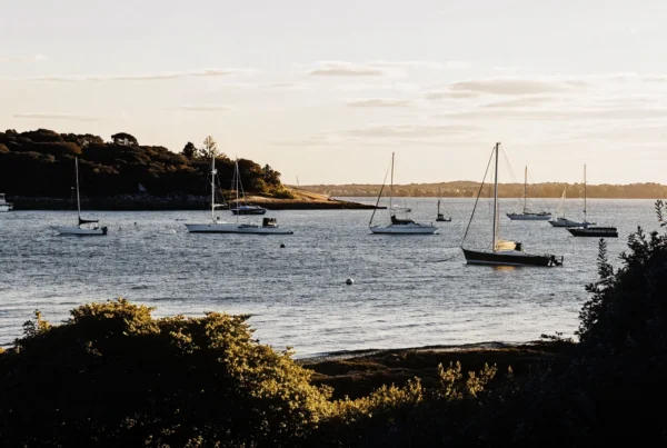 Boston Harbor on a summer day with sailboats and motorboats on calm blue water