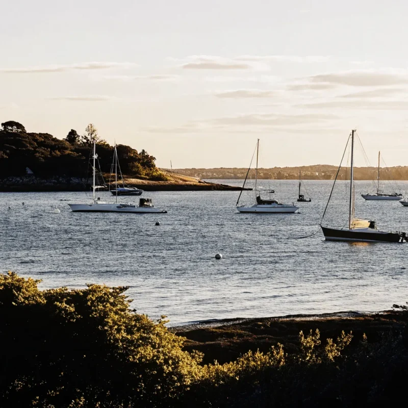 Boston Harbor on a summer day with sailboats and motorboats on calm blue water