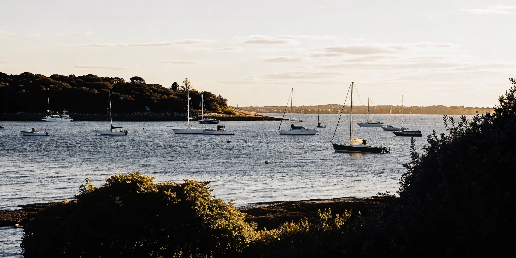 Boston Harbor on a summer day with sailboats and motorboats on calm blue water