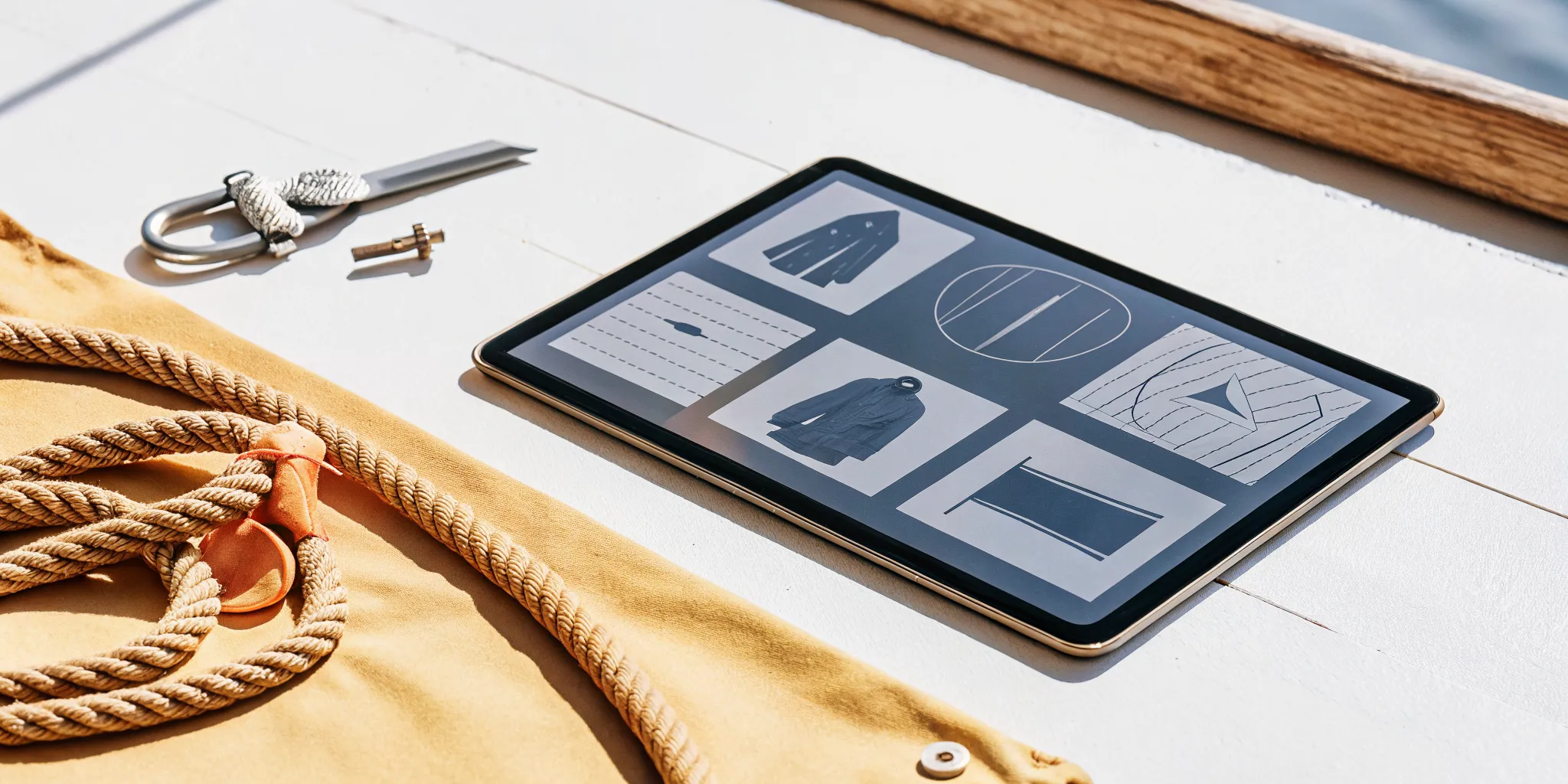 Completing an online boating safety course on a tablet aboard a boat.