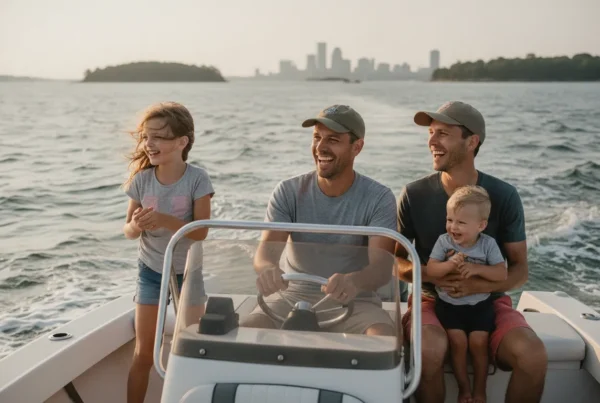 Family enjoying a day on an open boat in Boston Harbor