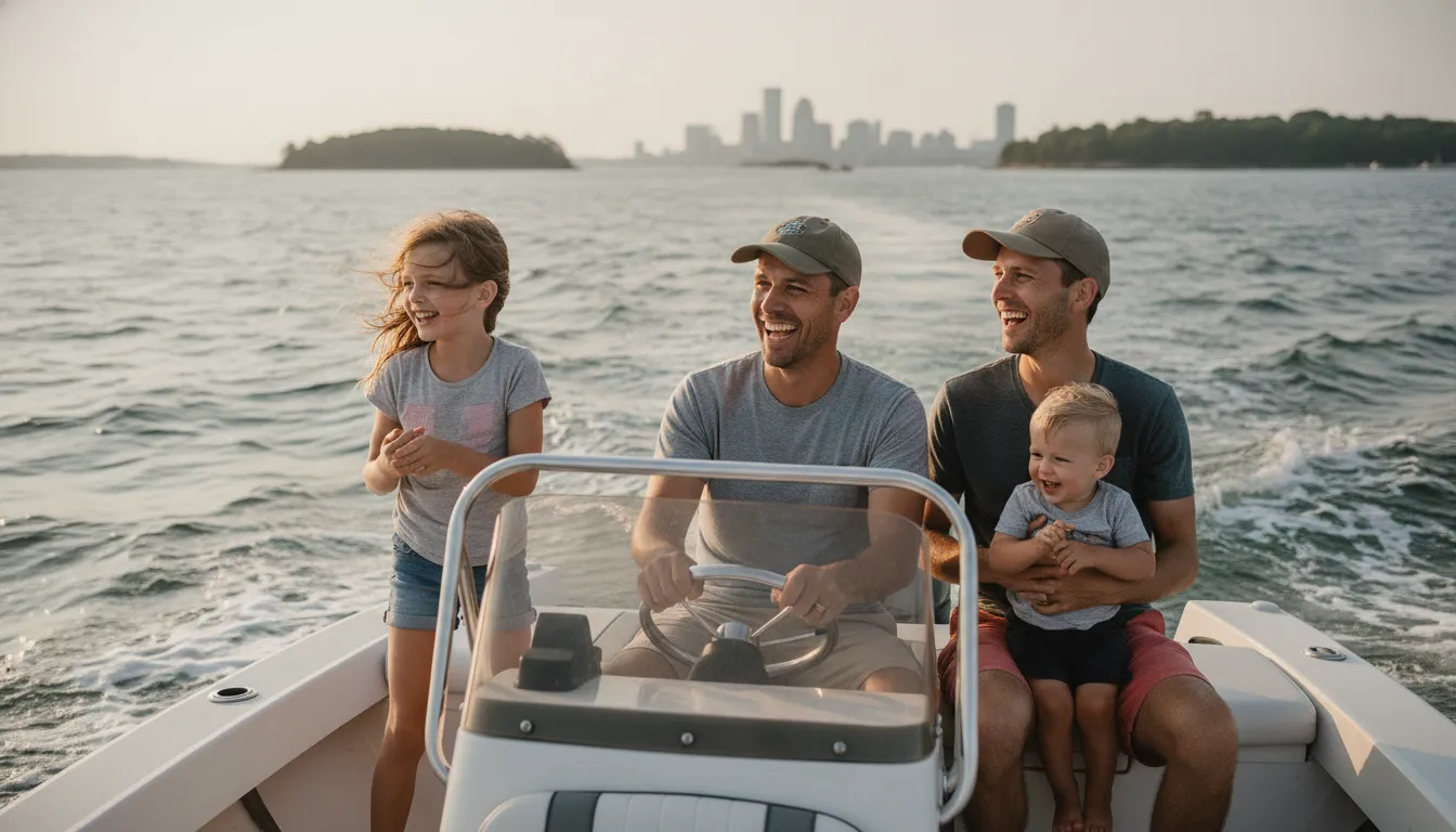 Family enjoying a day on an open boat in Boston Harbor