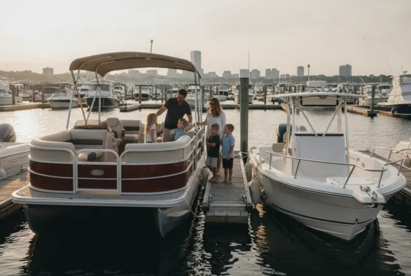 Family comparing a pontoon and center console boat at a Massachusetts marina