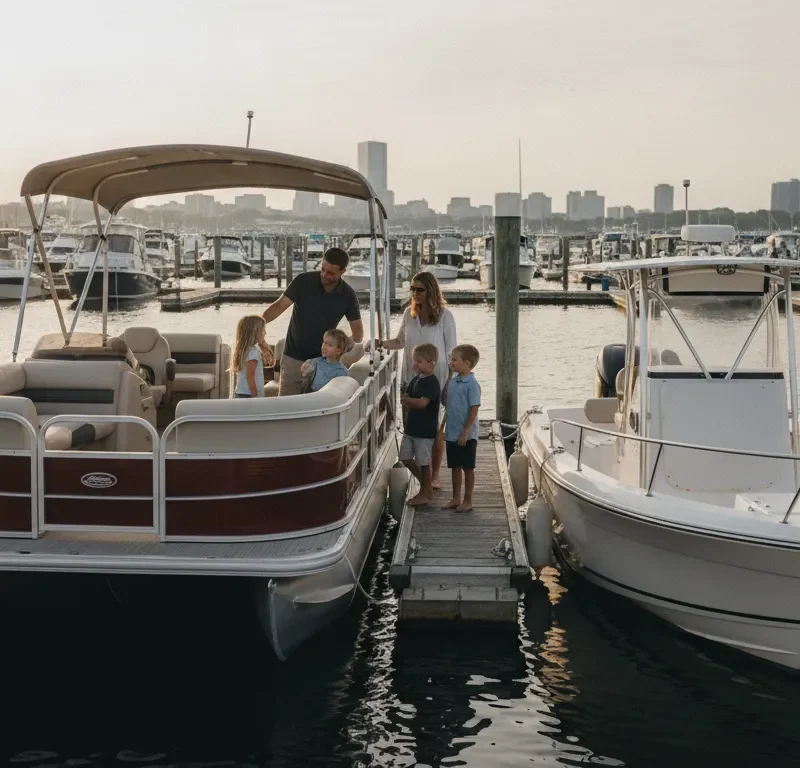Family comparing a pontoon and center console boat at a Massachusetts marina