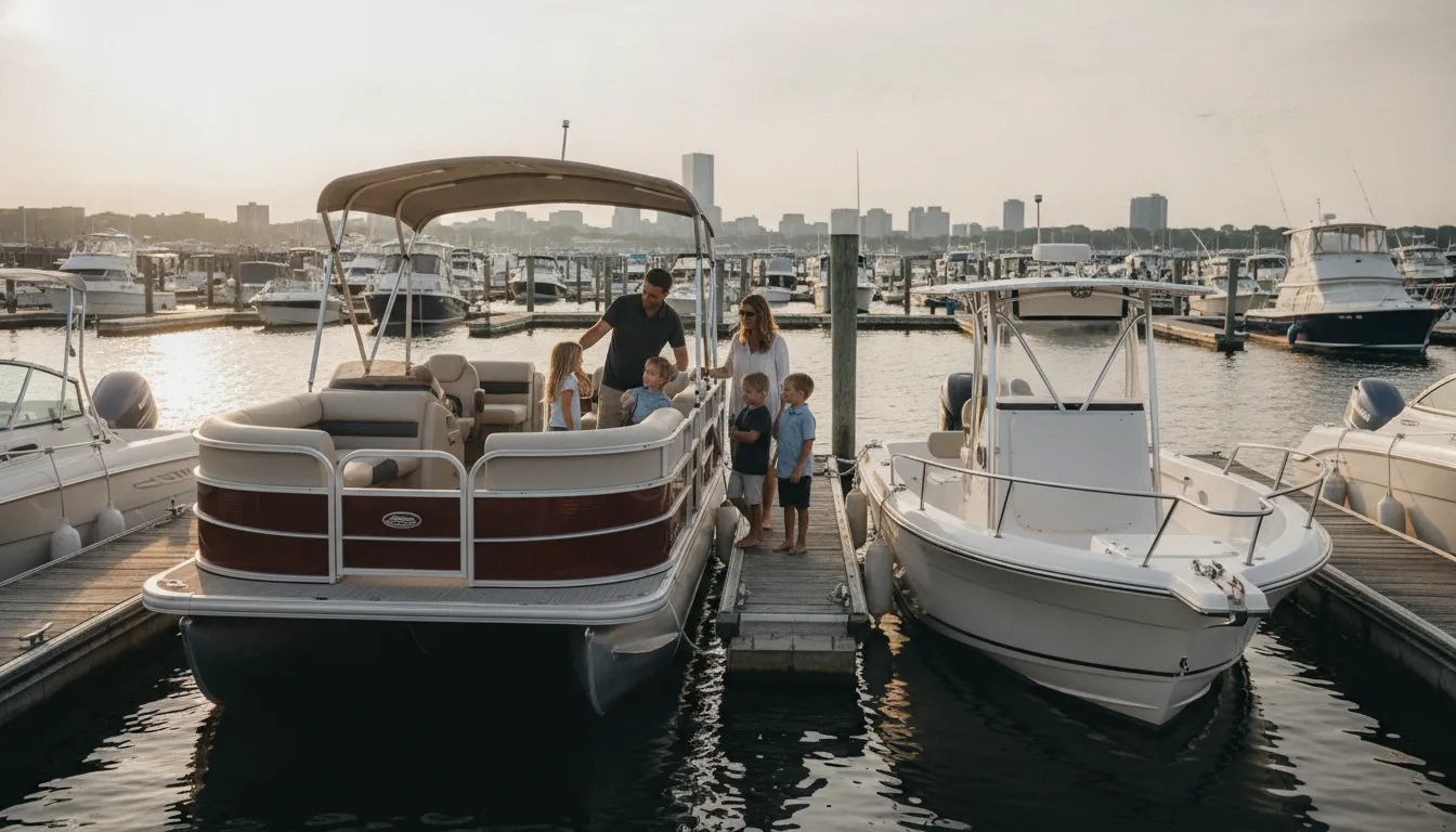 Family comparing a pontoon and center console boat at a Massachusetts marina
