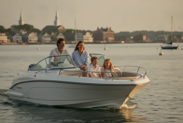 A family on a Carefree boat in a New England harbor at golden hour