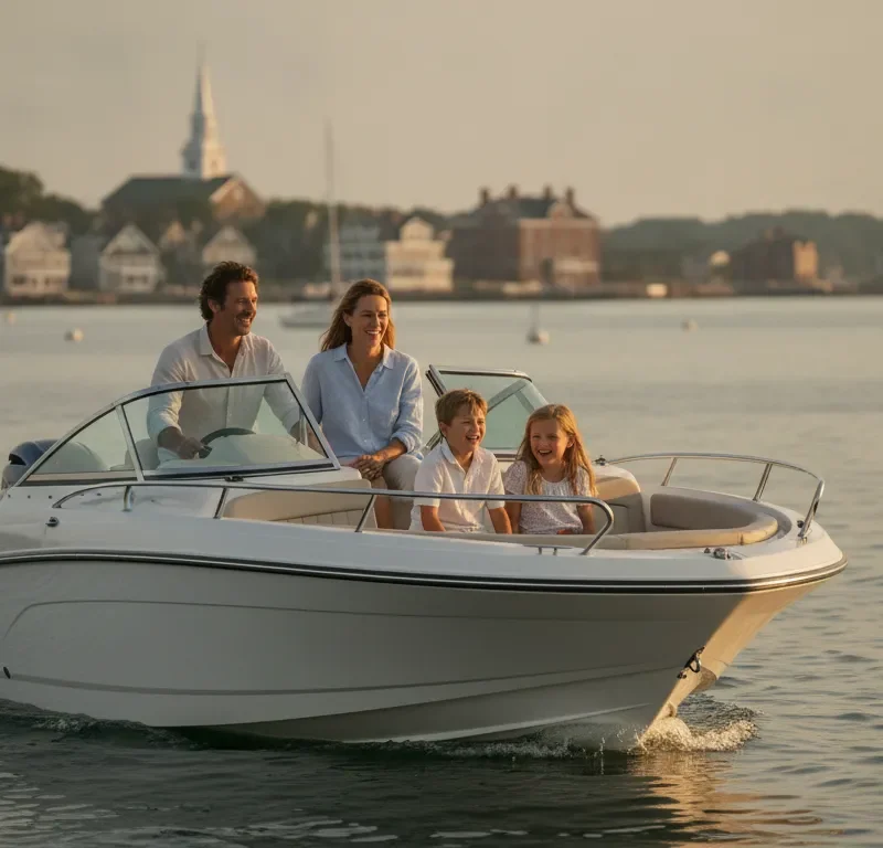 A family on a Carefree boat in a New England harbor at golden hour