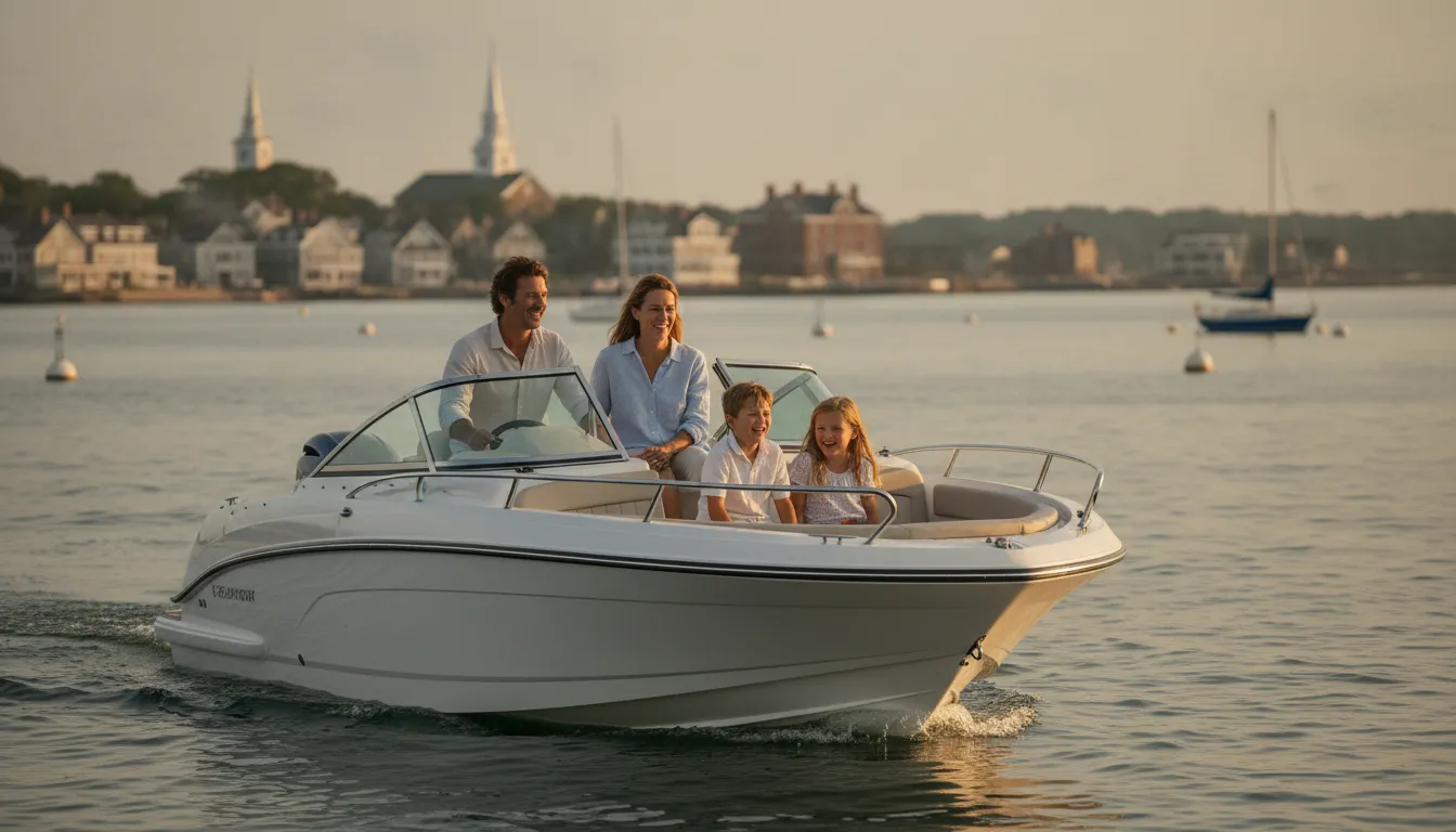 A family on a Carefree boat in a New England harbor at golden hour