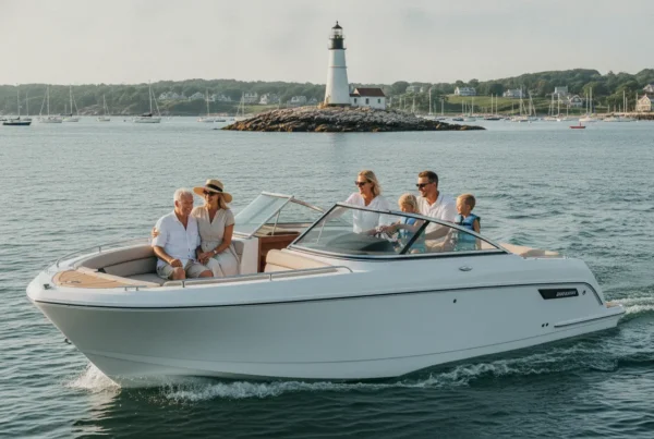 A family enjoys a sunny day aboard a modern boat near a New England harbor