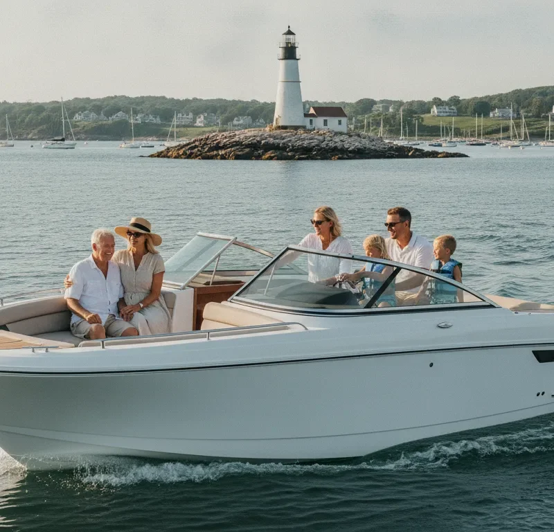 A family enjoys a sunny day aboard a modern boat near a New England harbor