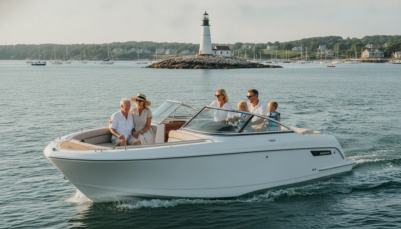 A family enjoys a sunny day aboard a modern boat near a New England harbor