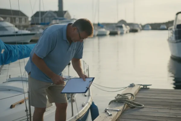 A Massachusetts boater checking a boat at a New England marina dock