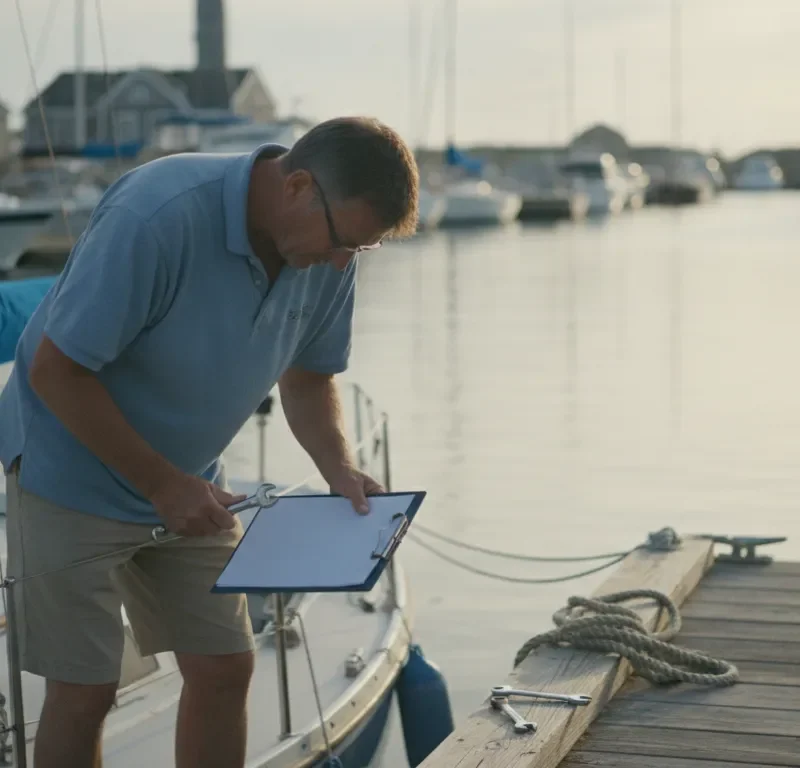 A Massachusetts boater checking a boat at a New England marina dock