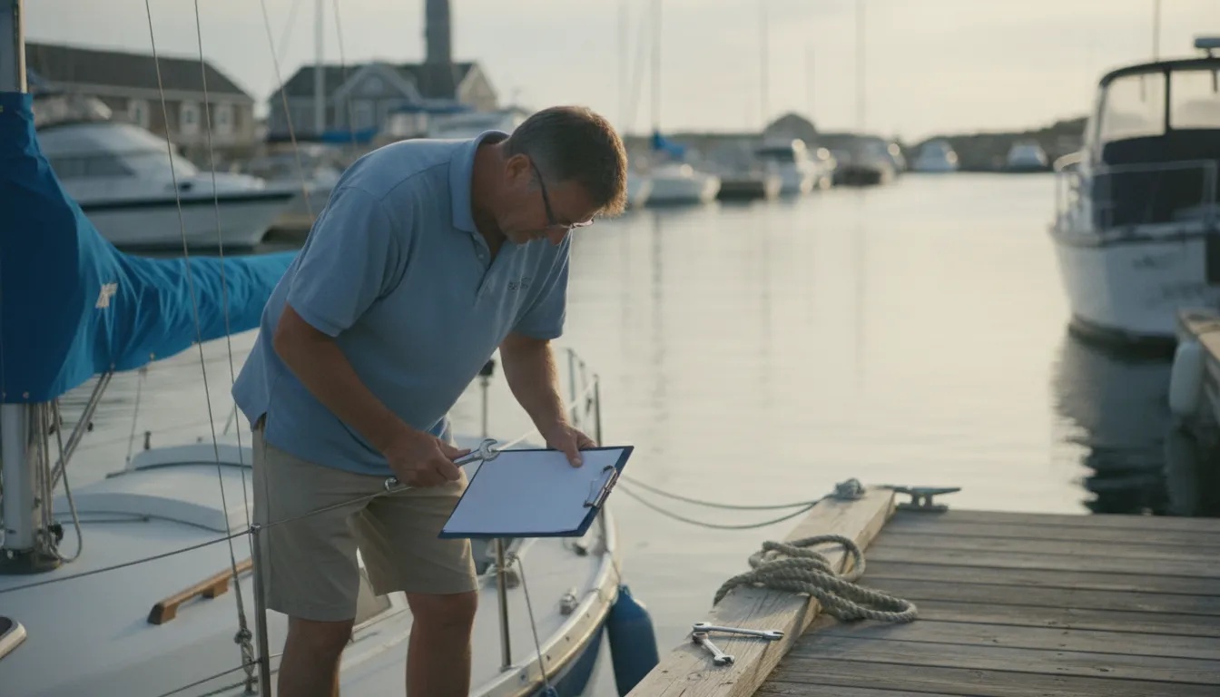 A Massachusetts boater checking a boat at a New England marina dock