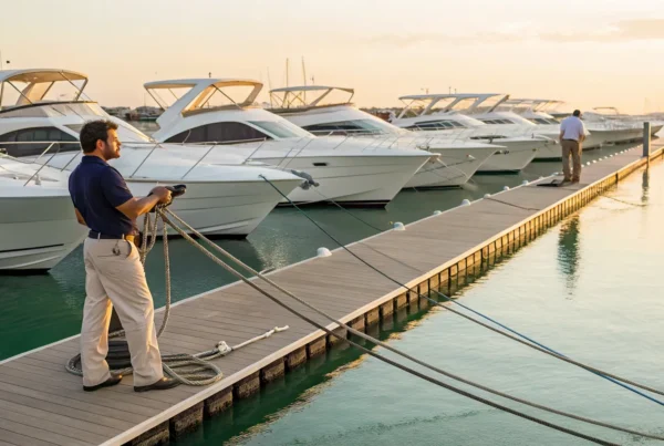 Man inspecting his boat rental at a marina dock.