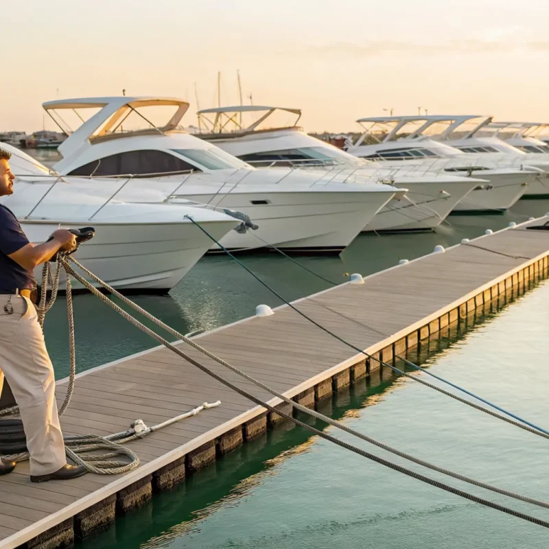 Man inspecting his boat rental at a marina dock.