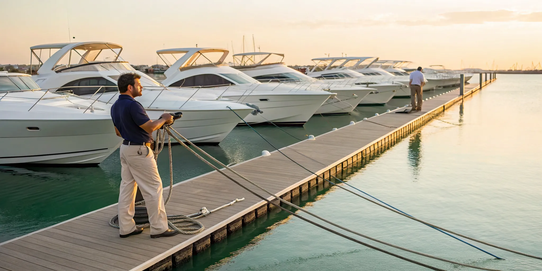 Man inspecting his boat rental at a marina dock.