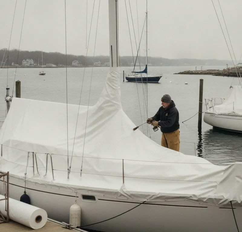 Wrapping a sailboat for winter storage at a New England marina