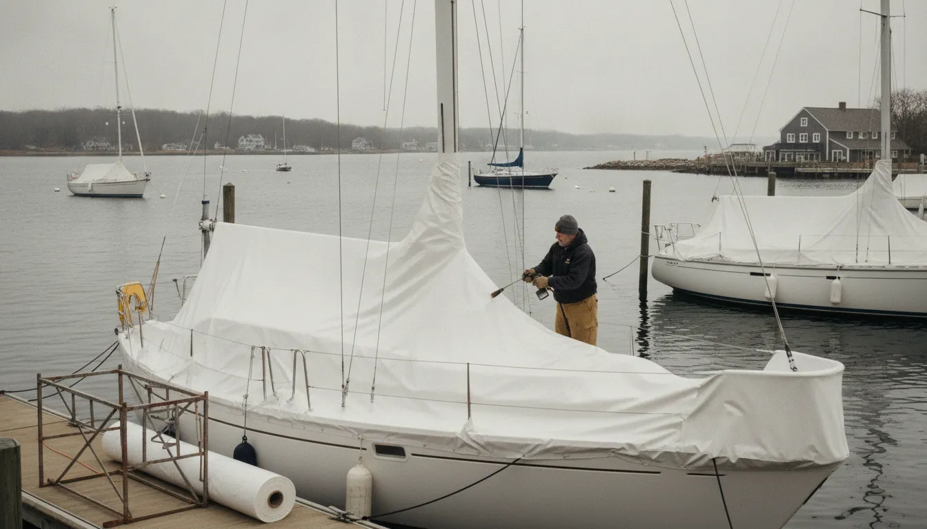 Wrapping a sailboat for winter storage at a New England marina