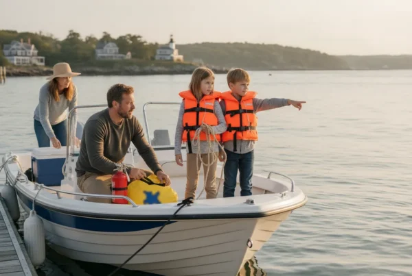 Family preparing an open boat at a Massachusetts harbor