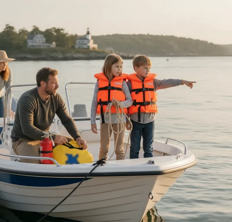 Family preparing an open boat at a Massachusetts harbor