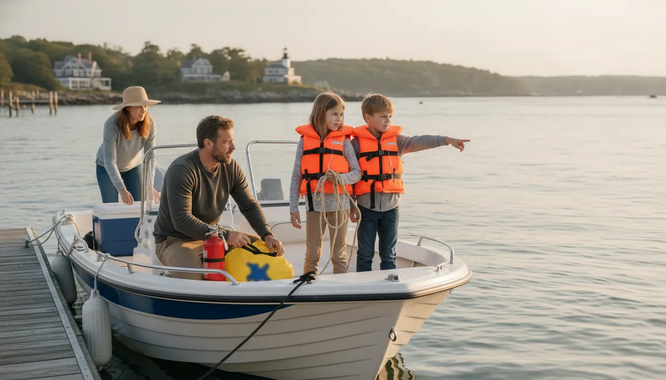 Family preparing an open boat at a Massachusetts harbor