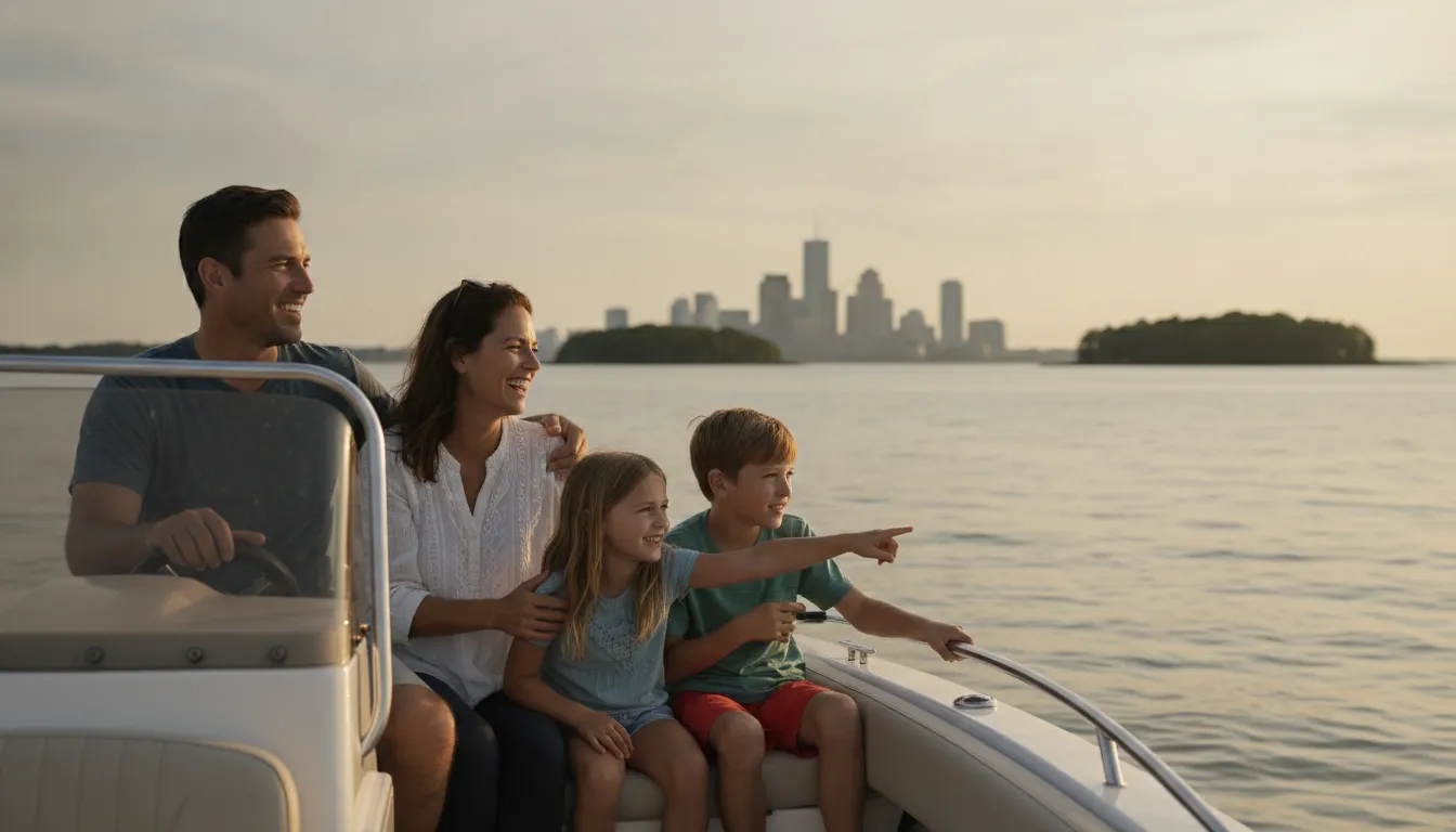 Family enjoying a self-directed boat outing on Boston Harbor