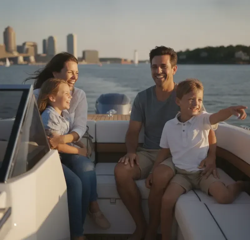 Family enjoying the value of a Carefree Boat Club membership in Boston Harbor