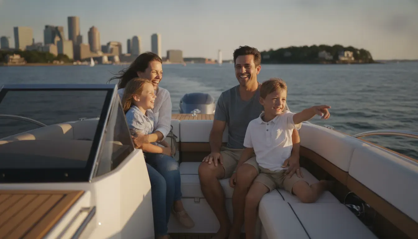 Family enjoying the value of a Carefree Boat Club membership in Boston Harbor