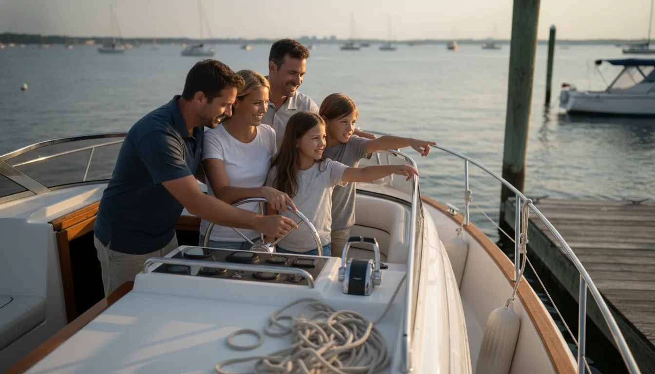 Family learning safe motorboat handling in Massachusetts