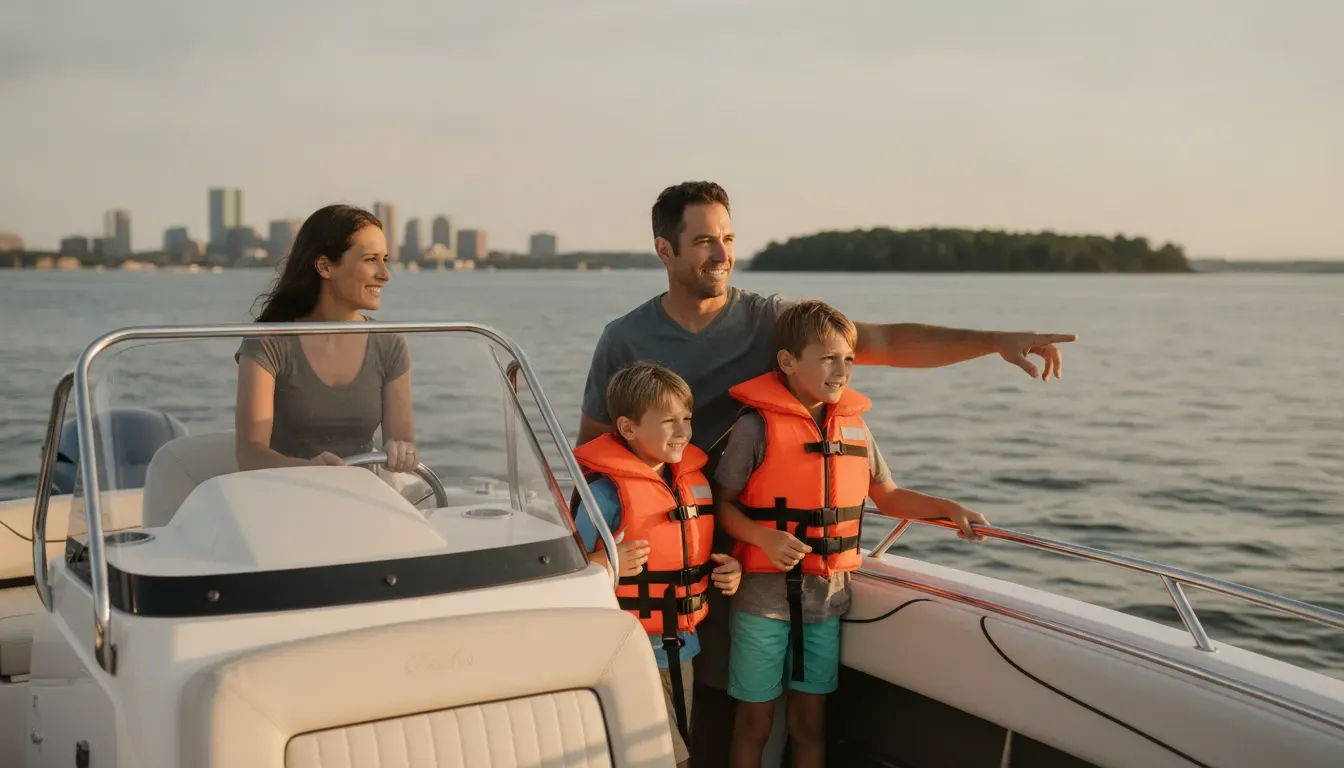 Family boating on a sunny afternoon in Boston Harbor