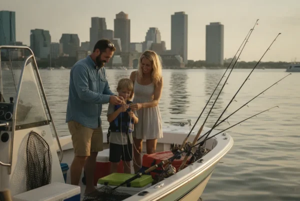 Family preparing fishing gear on a boat in Boston Harbor