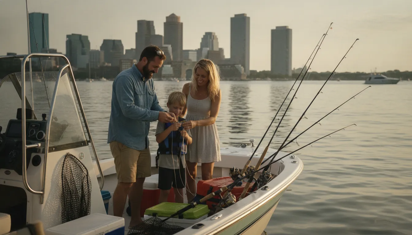 Family preparing fishing gear on a boat in Boston Harbor