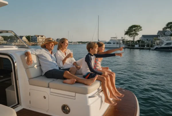 A family enjoying a summer day on a modern powerboat in a sunny New England harbor with a marina in the background