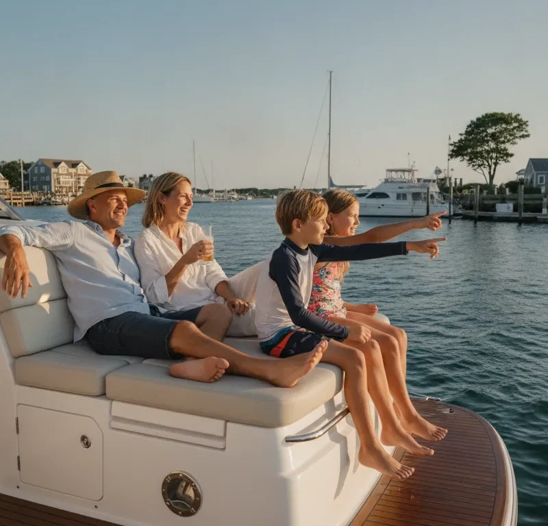 A family enjoying a summer day on a modern powerboat in a sunny New England harbor with a marina in the background
